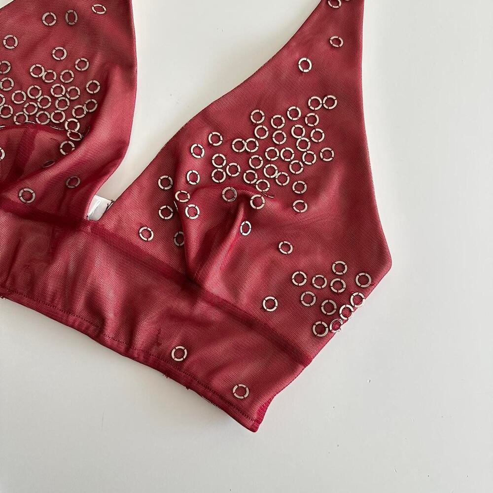 reworked BCBG Maxazria burgundy mesh halter top with silver metal rings - Picture 4 of 9
